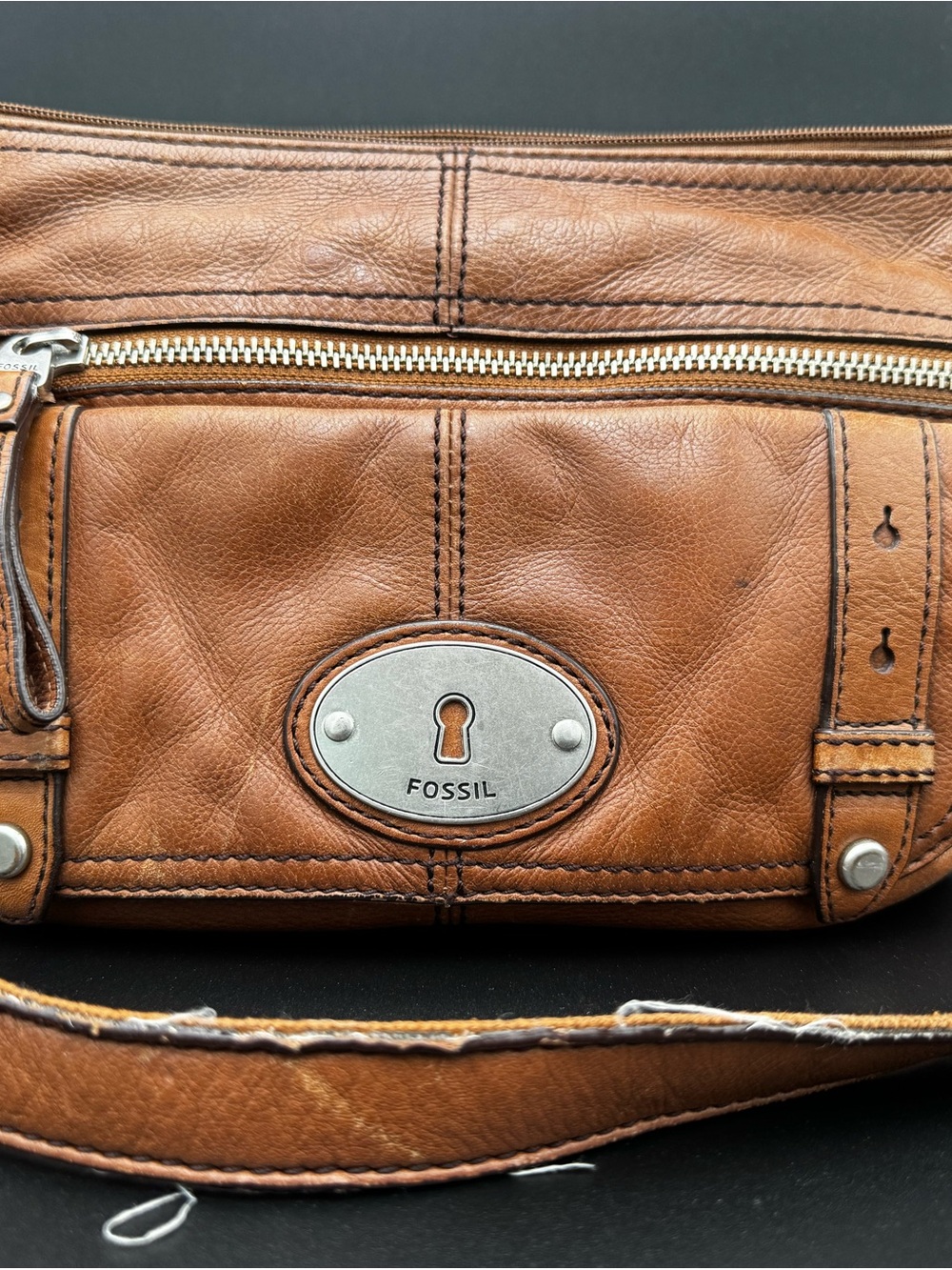 Fossil Tan Leather Belt Bag with Silver Hardware